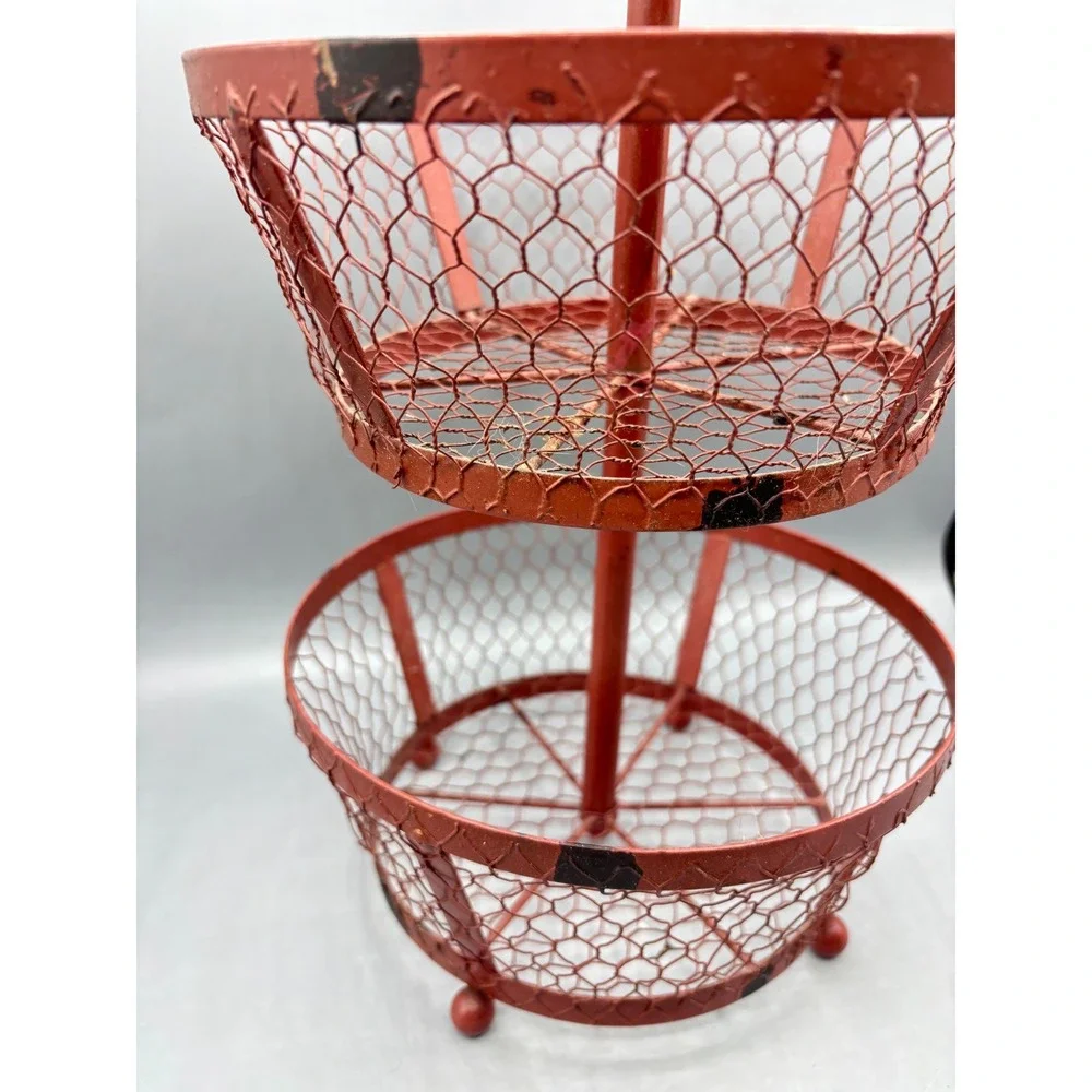 Vintage Red Metal Rooster 2 Tier Chicken Wire Basket Farmhouse Fruit Stand 14.5